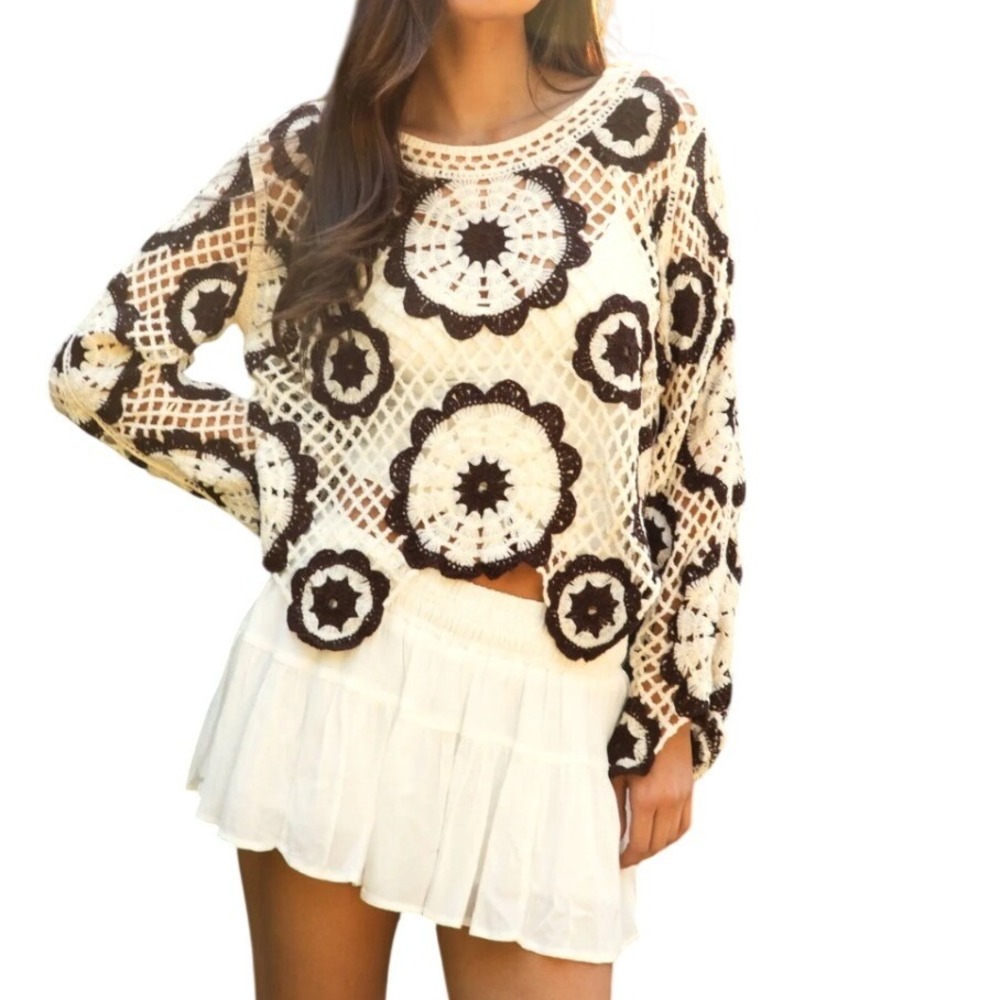 Crochet Long Sleeve Mandala Flower Top, Ivory & Black, Medium, Bohochic Festival